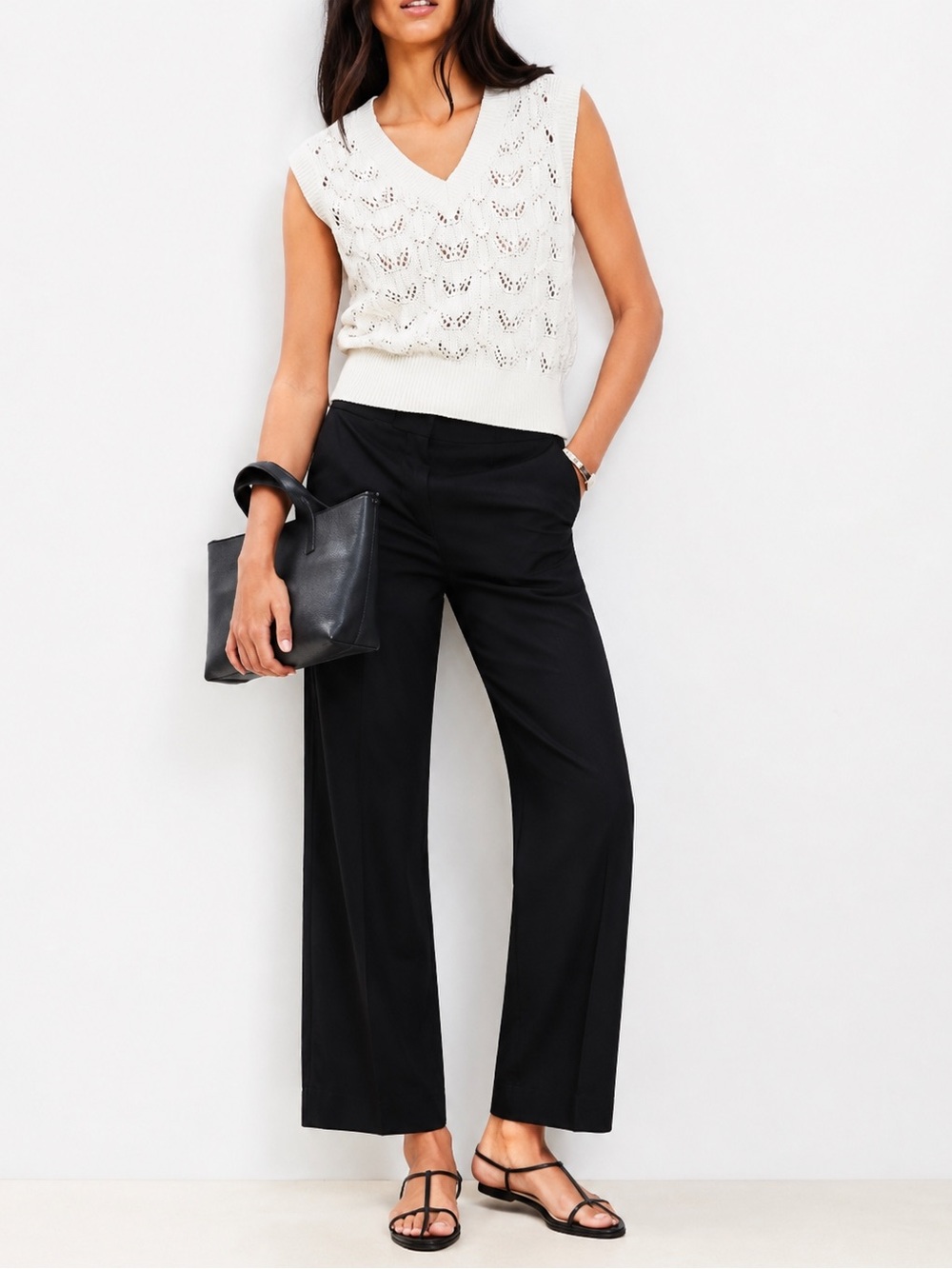 LOFT Julie Trouser Wide Leg Black Linen Mid Rise Pockets size 6